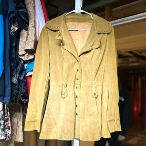 1970s True Vintage Rust Orange Bitton Snap Suede Coat With Lapels and Belt